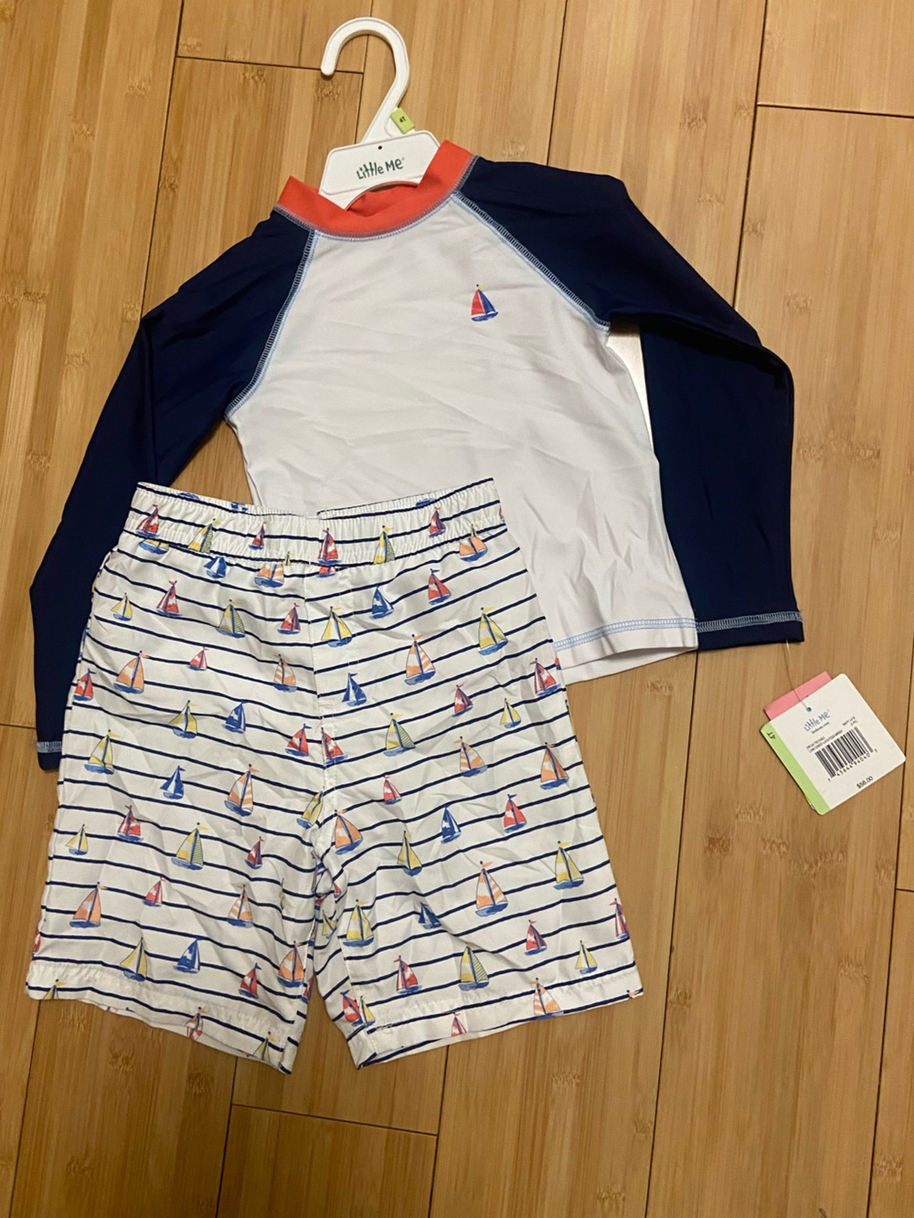 Little Me Boys Sailboat Rashguard Swim Trunk Set Size 4 Navy White Coral